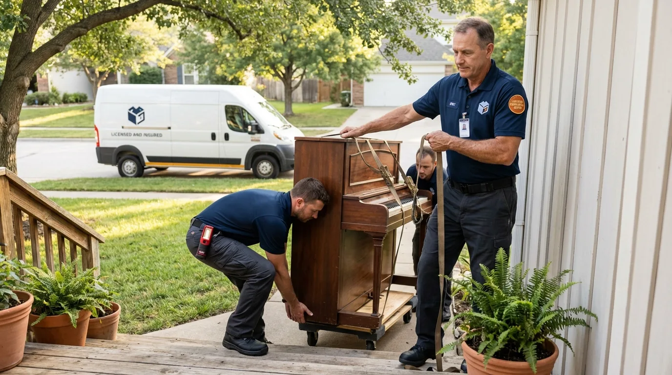 Licensed piano movers securing grand piano in Idabel, OK
