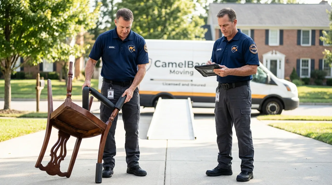 Movers inspecting furniture for damage prevention before loading in Idabel, OK
