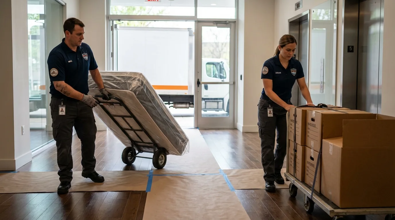 Professional apartment movers loading elevator in Idabel, OK